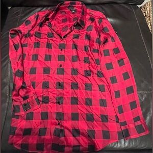 Talbots Red and Black Plaid satiny-like blouse, xl